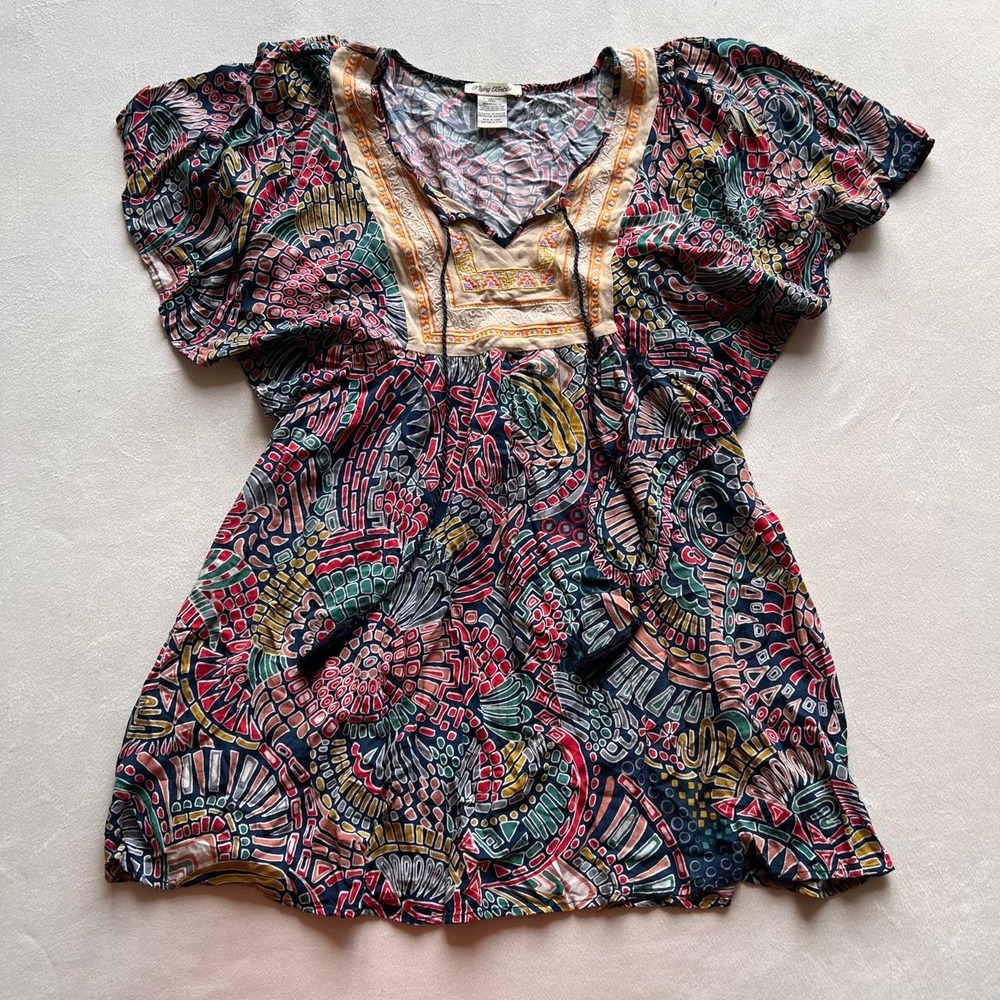 Flying Tomato Flowy Embroidered Blouse Boho Geometric Tassle Designer